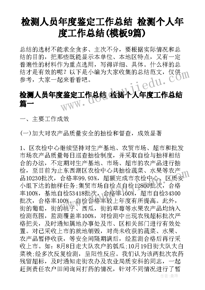 检测人员年度鉴定工作总结 检测个人年度工作总结(模板9篇)