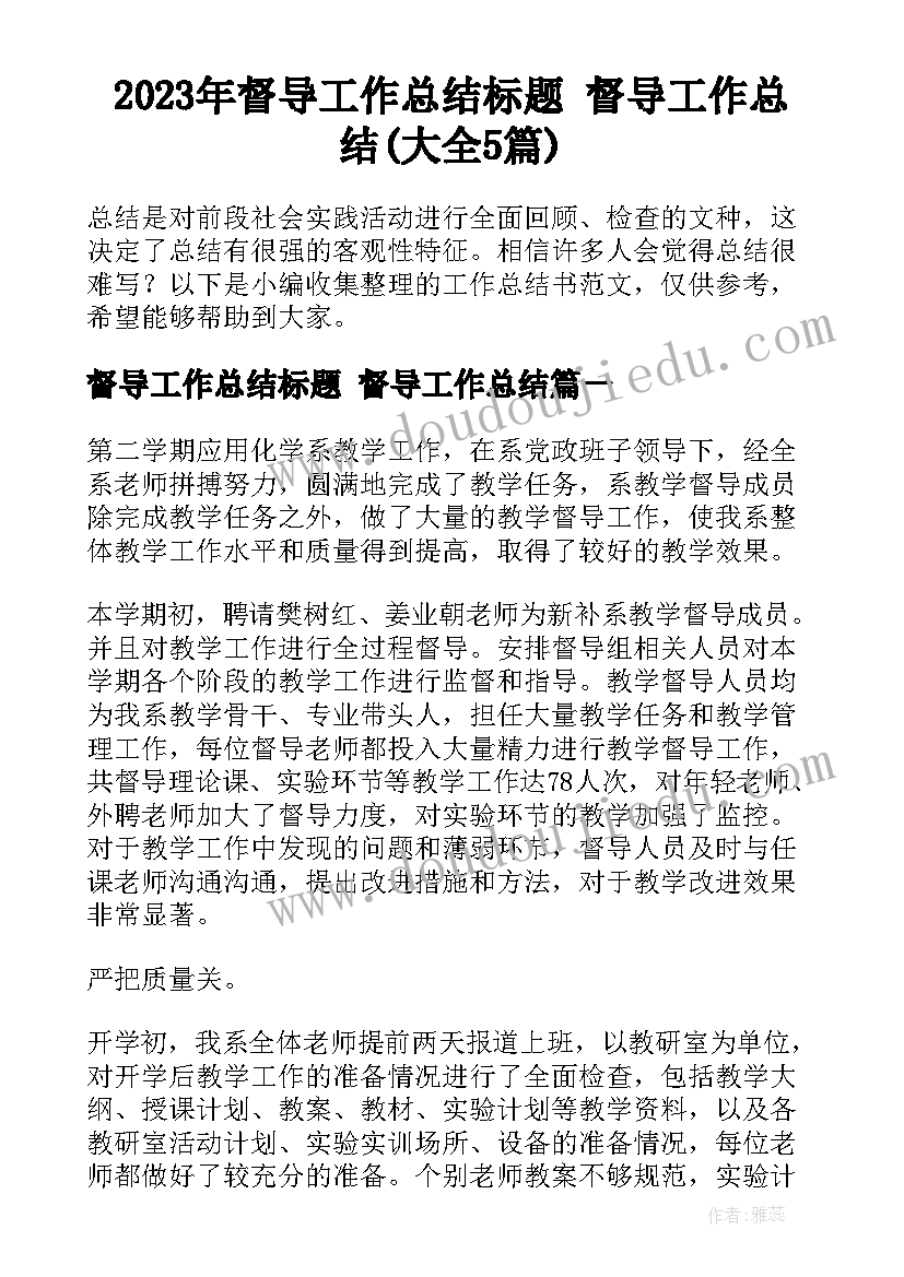 2023年督导工作总结标题 督导工作总结(大全5篇)