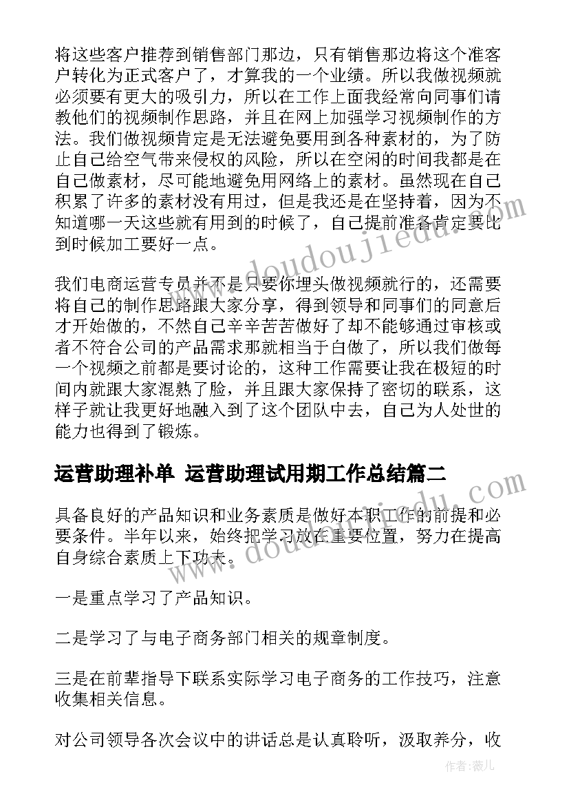 2023年运营助理补单 运营助理试用期工作总结(实用5篇)