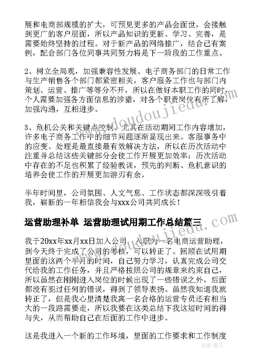 2023年运营助理补单 运营助理试用期工作总结(实用5篇)