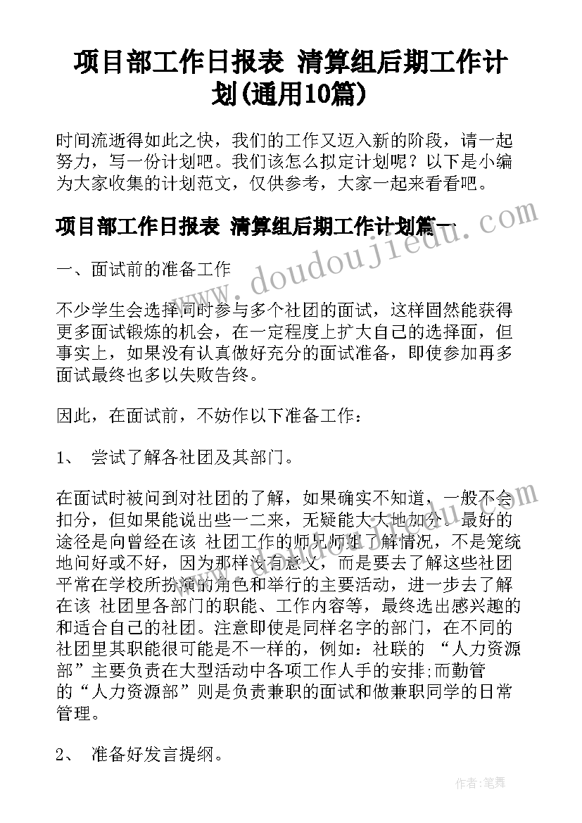 项目部工作日报表 清算组后期工作计划(通用10篇)