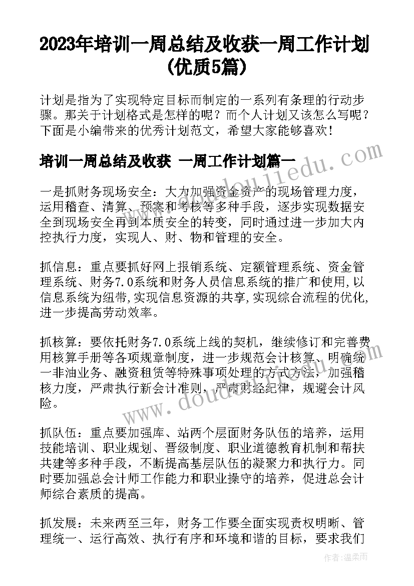 2023年培训一周总结及收获 一周工作计划(优质5篇)