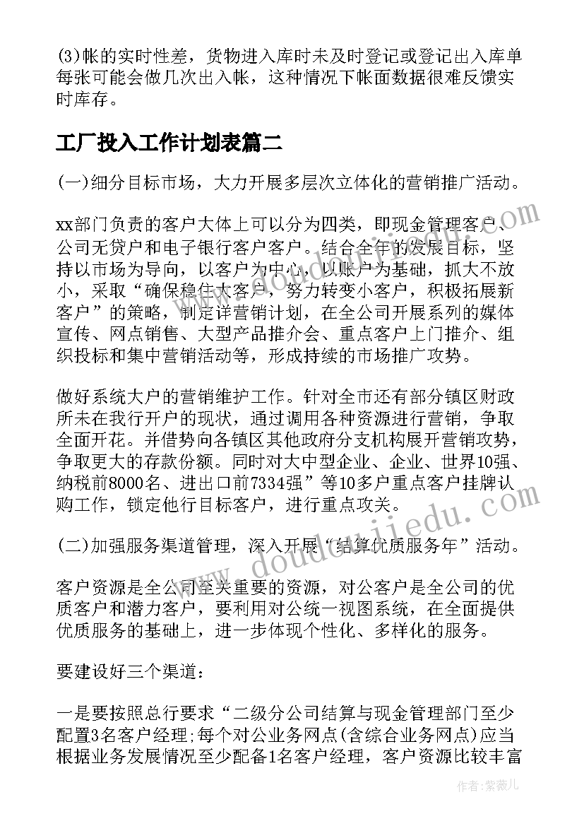 最新工厂投入工作计划表(精选6篇)