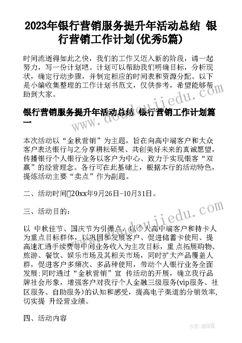 2023年银行营销服务提升年活动总结 银行营销工作计划(优秀5篇)