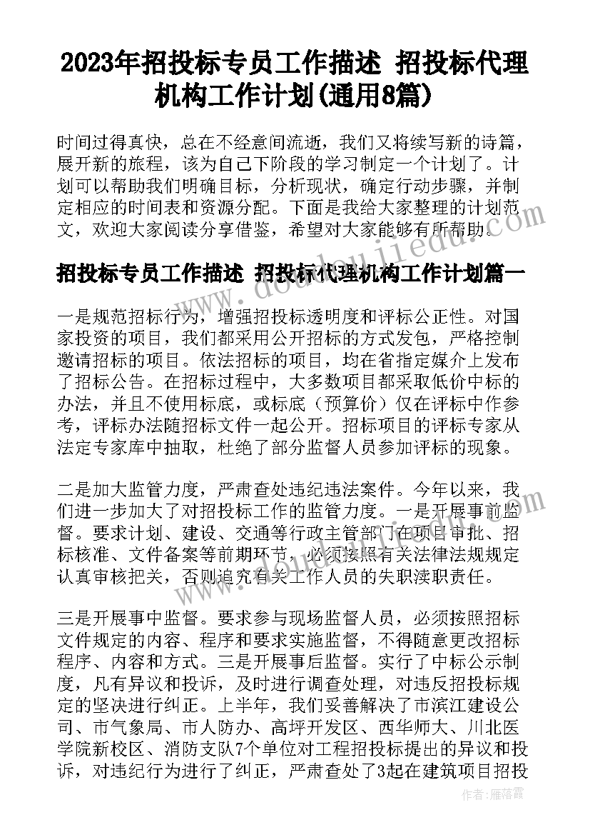 2023年招投标专员工作描述 招投标代理机构工作计划(通用8篇)