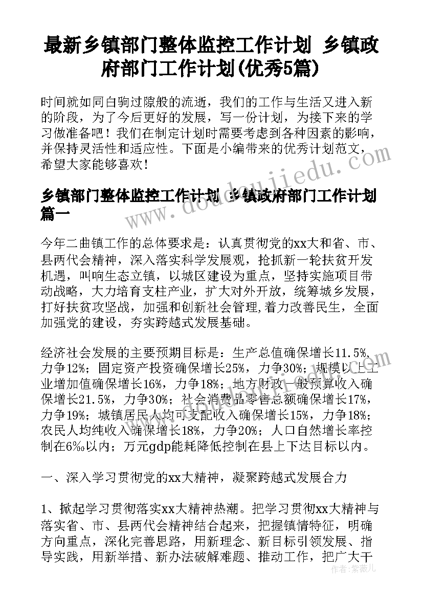 最新乡镇部门整体监控工作计划 乡镇政府部门工作计划(优秀5篇)