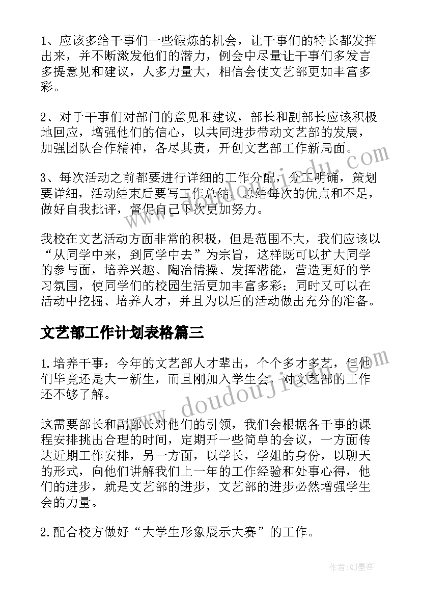 文艺部工作计划表格(优质7篇)