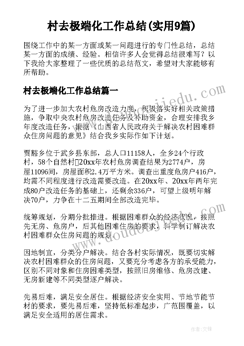 村去极端化工作总结(实用9篇)