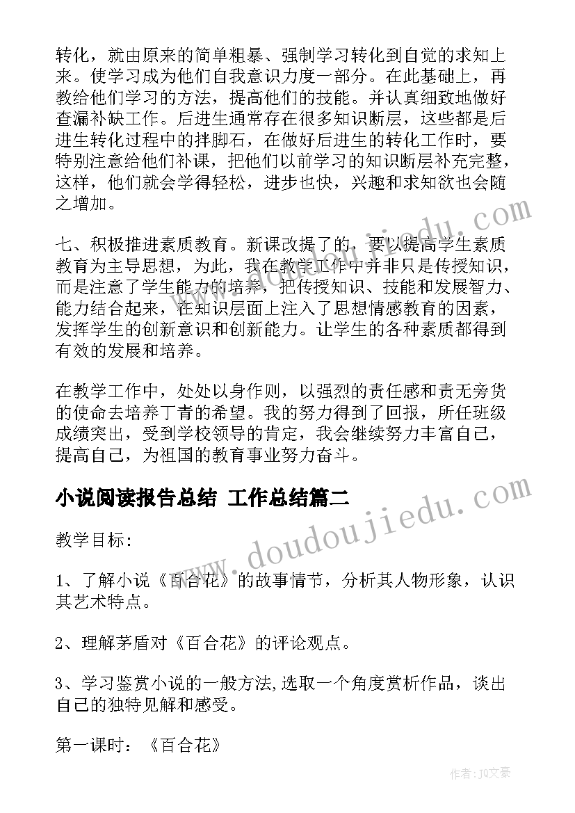 小说阅读报告总结 工作总结(实用7篇)