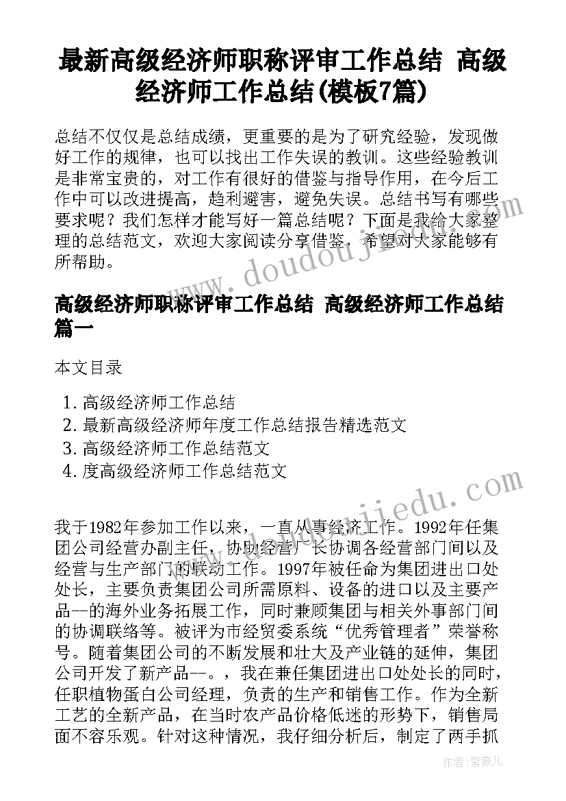 最新高级经济师职称评审工作总结 高级经济师工作总结(模板7篇)