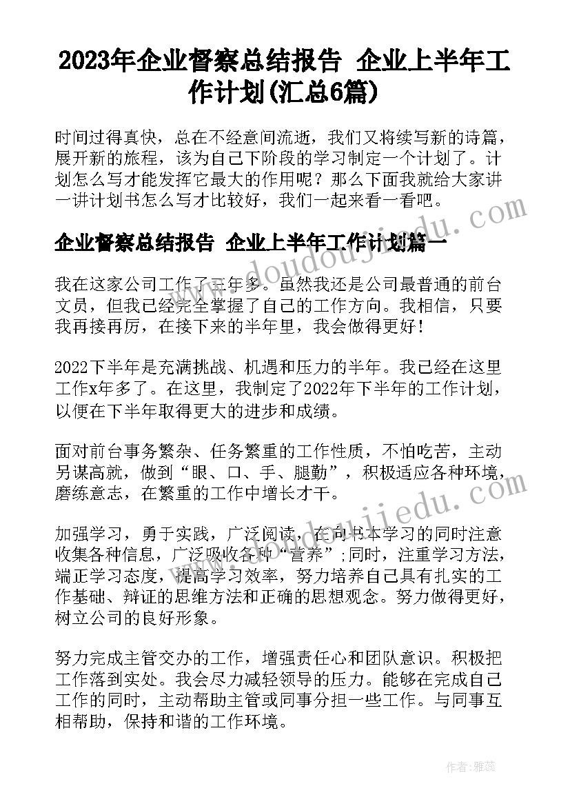 2023年企业督察总结报告 企业上半年工作计划(汇总6篇)