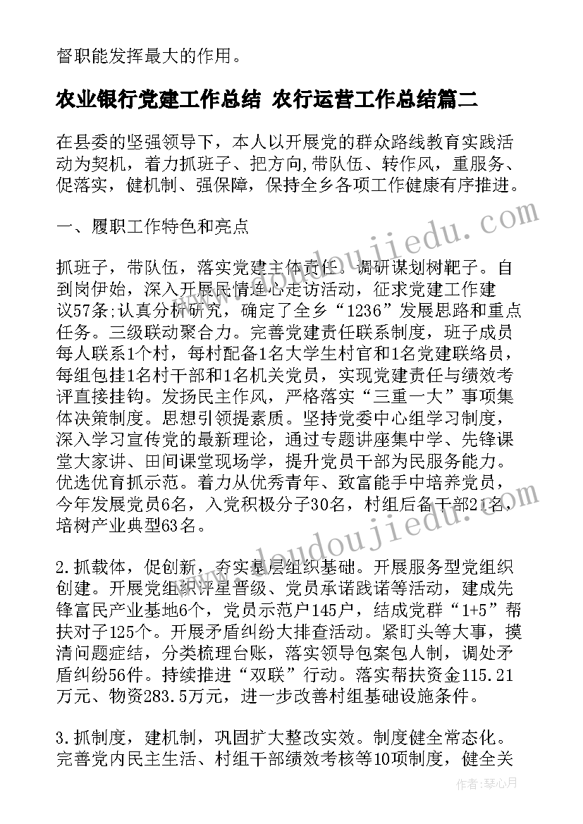 最新农业银行党建工作总结 农行运营工作总结(模板5篇)