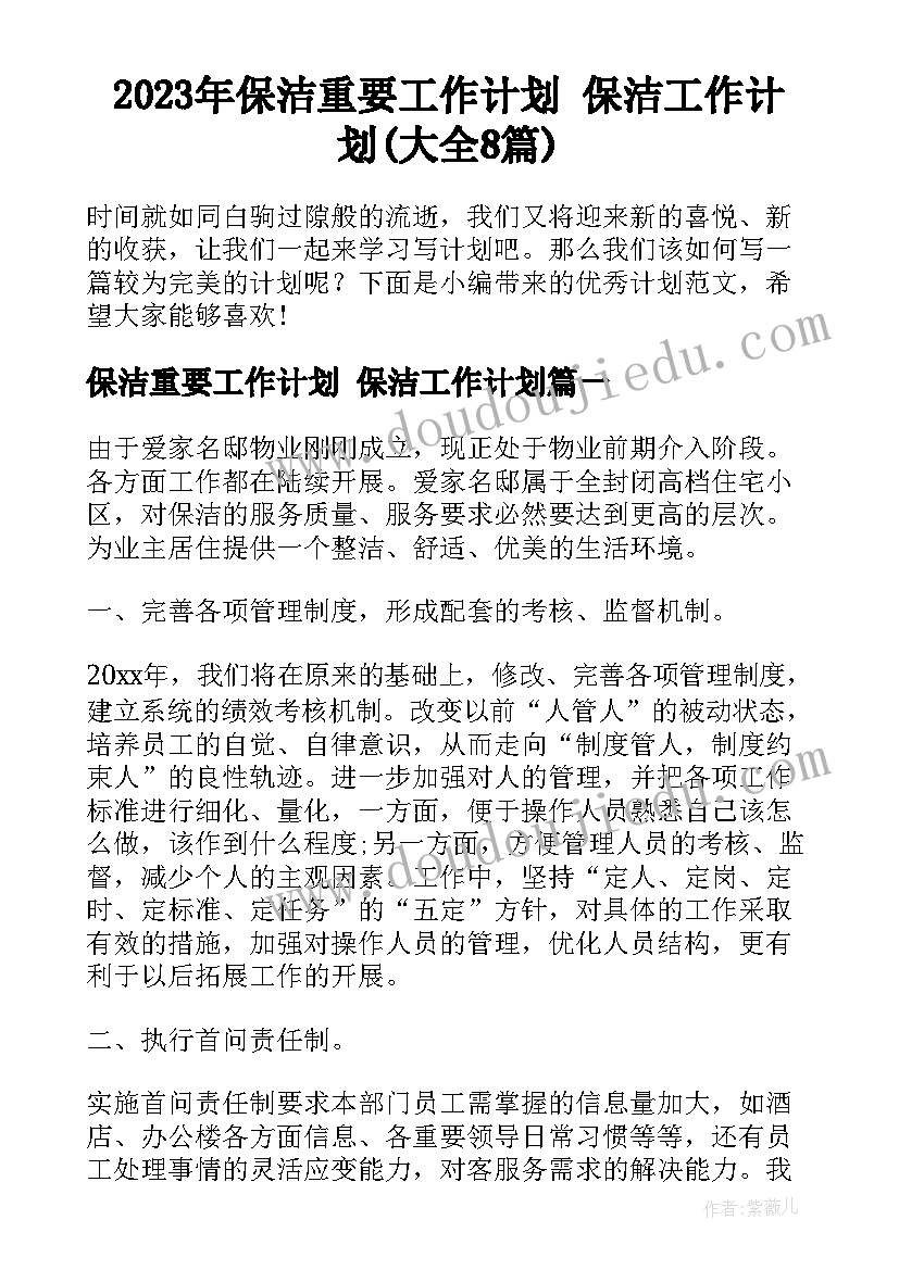 2023年保洁重要工作计划 保洁工作计划(大全8篇)