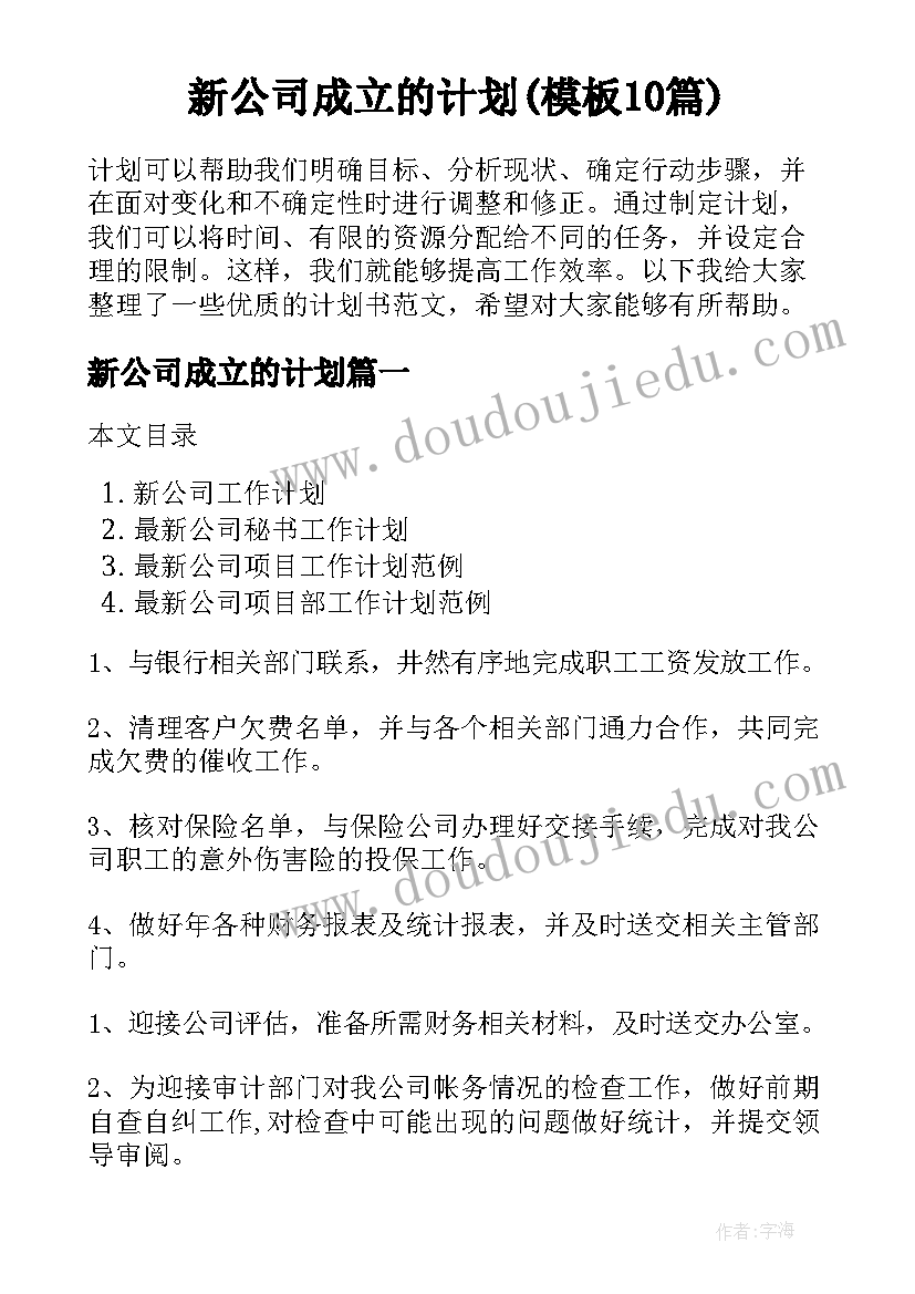 新公司成立的计划(模板10篇)