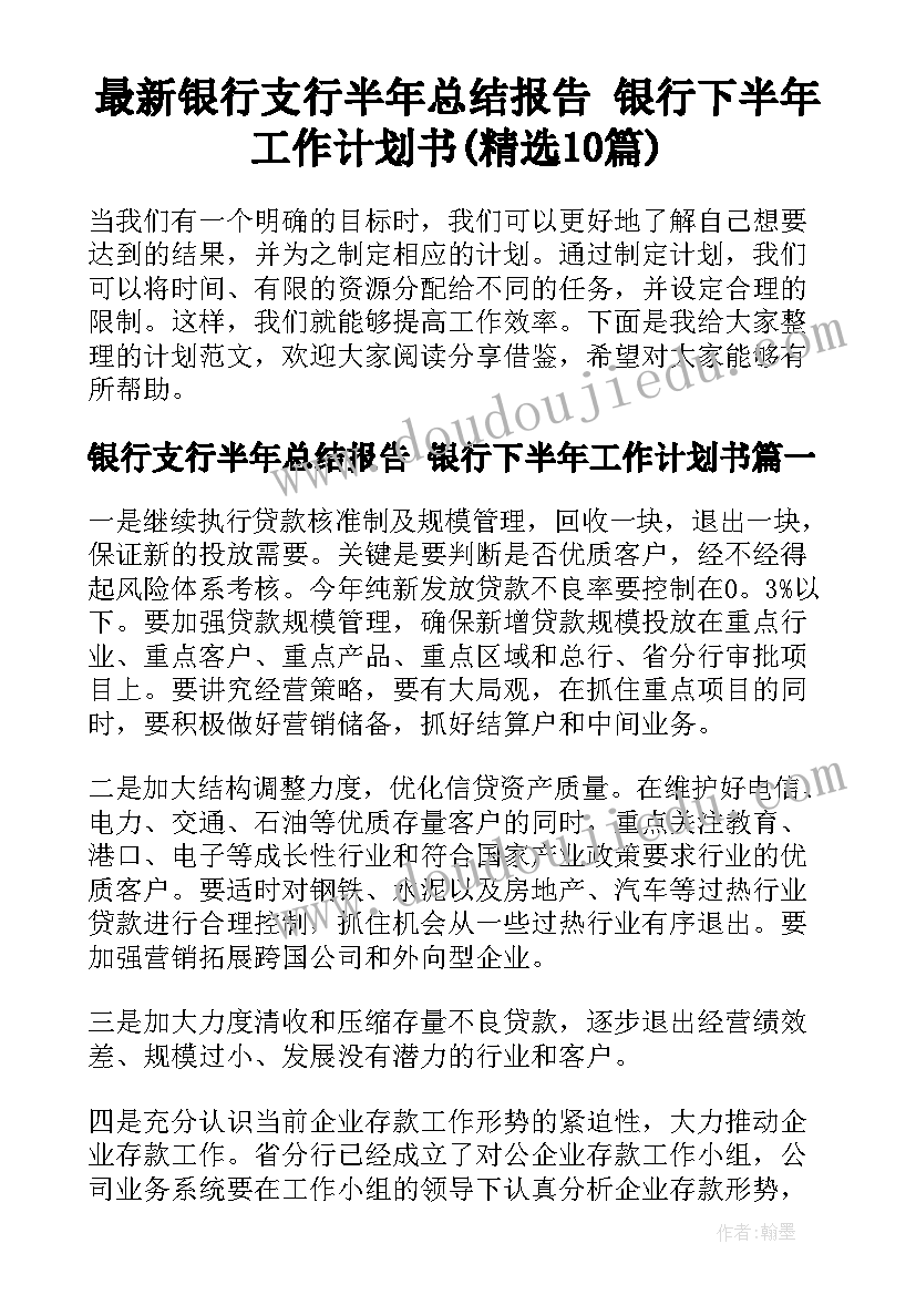 最新银行支行半年总结报告 银行下半年工作计划书(精选10篇)