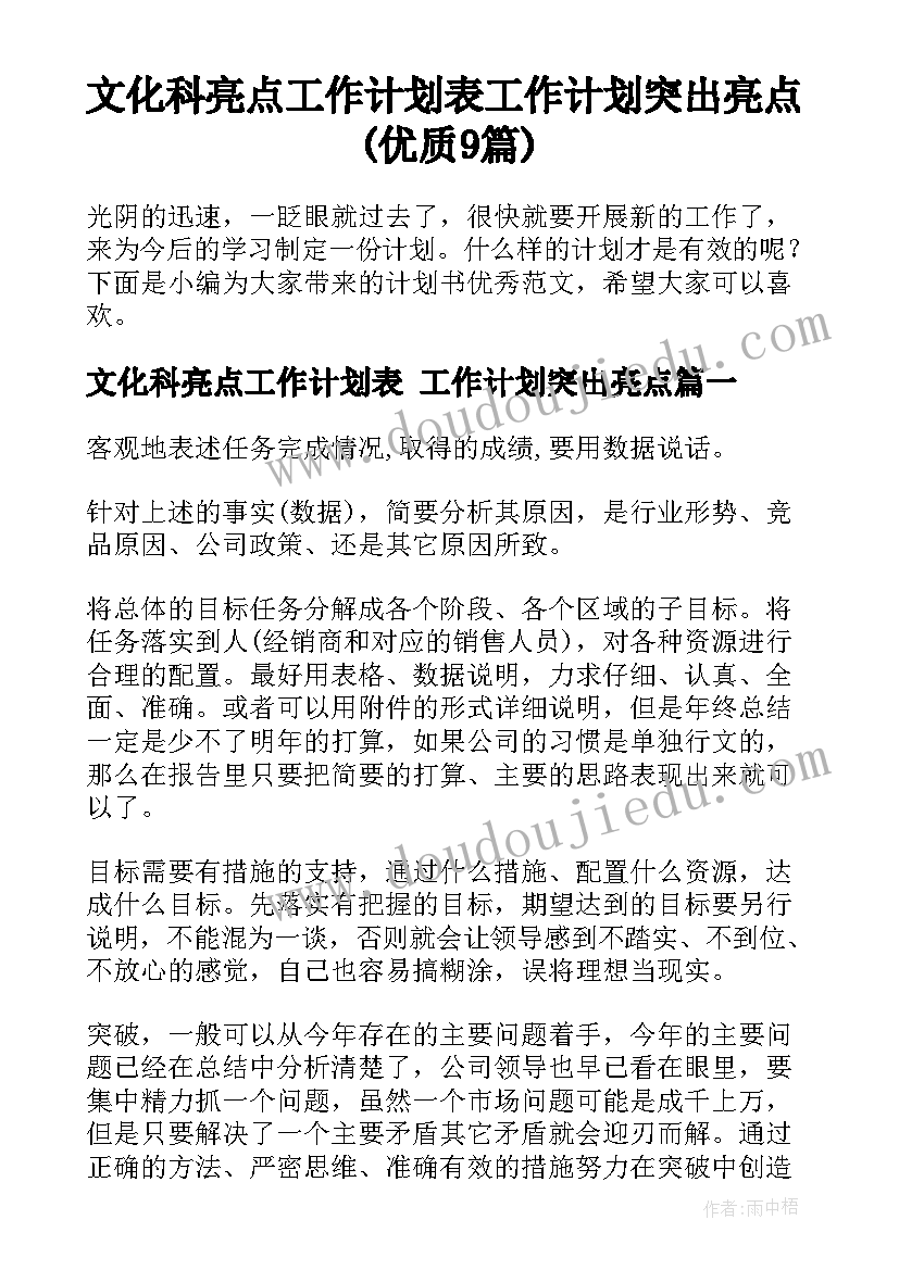 文化科亮点工作计划表 工作计划突出亮点(优质9篇)