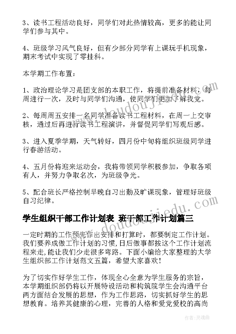 2023年学生组织干部工作计划表 班干部工作计划(大全10篇)