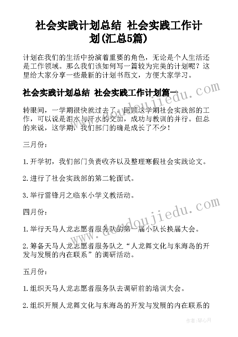 社会实践计划总结 社会实践工作计划(汇总5篇)