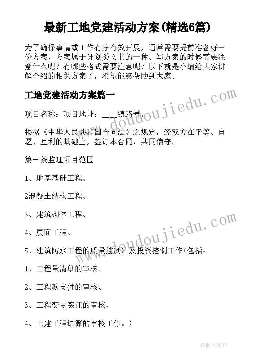 最新工地党建活动方案(精选6篇)