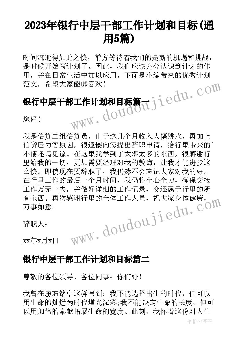 2023年银行中层干部工作计划和目标(通用5篇)