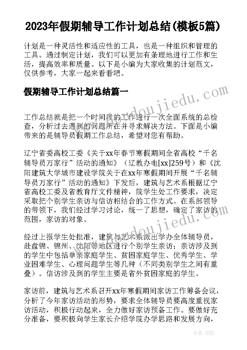 2023年假期辅导工作计划总结(模板5篇)