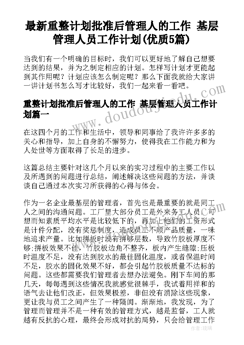 最新重整计划批准后管理人的工作 基层管理人员工作计划(优质5篇)