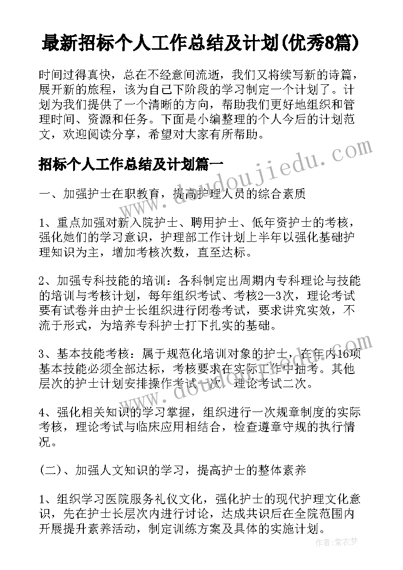 最新招标个人工作总结及计划(优秀8篇)