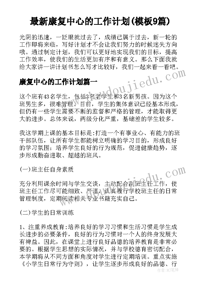 最新康复中心的工作计划(模板9篇)