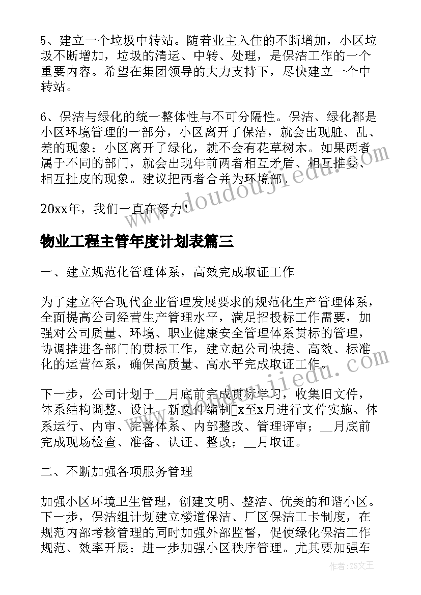 最新物业工程主管年度计划表(精选8篇)