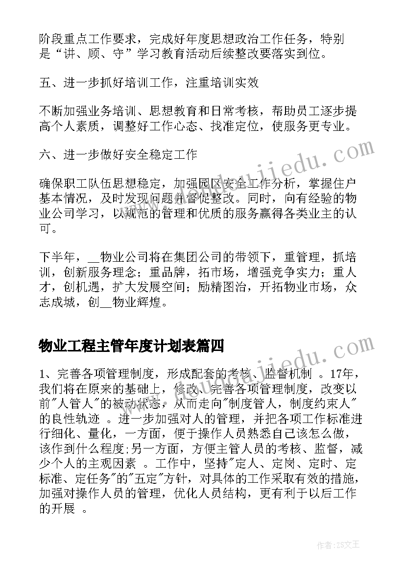 最新物业工程主管年度计划表(精选8篇)