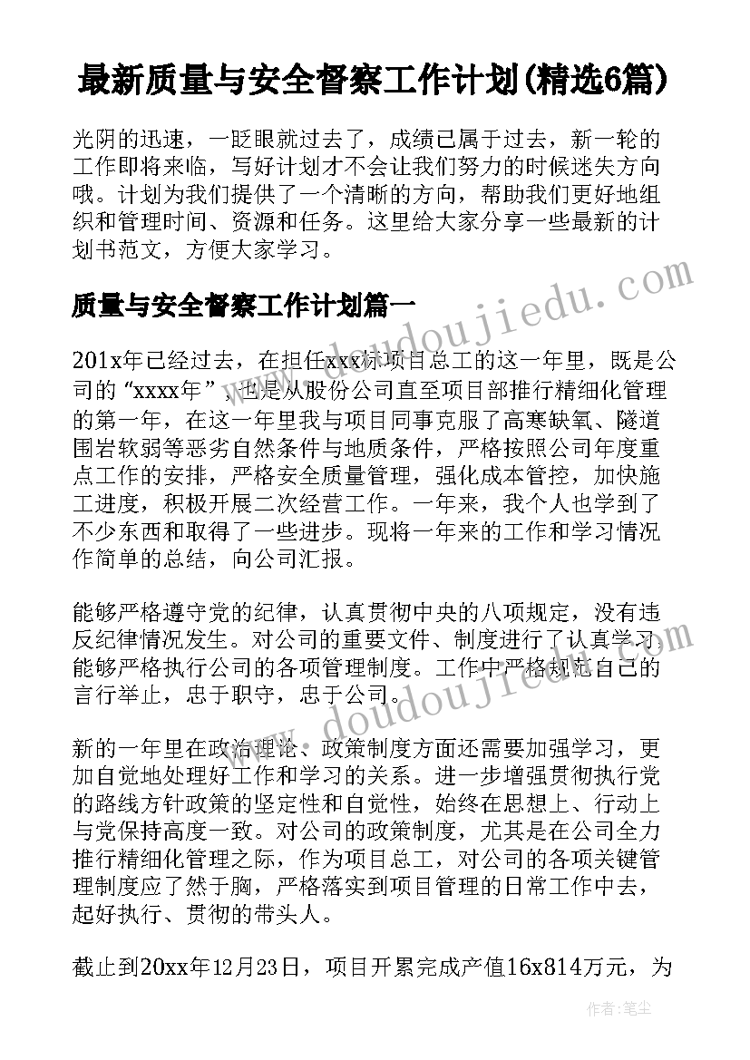 最新质量与安全督察工作计划(精选6篇)