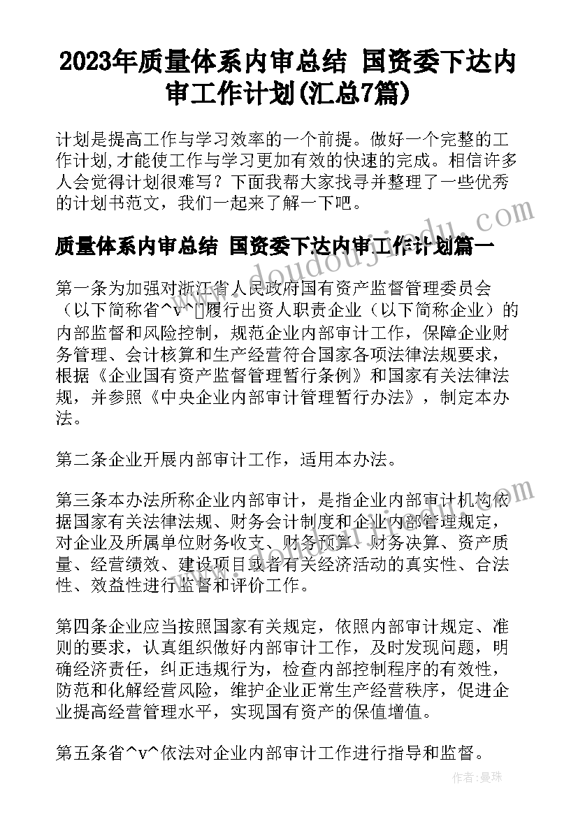 2023年质量体系内审总结 国资委下达内审工作计划(汇总7篇)