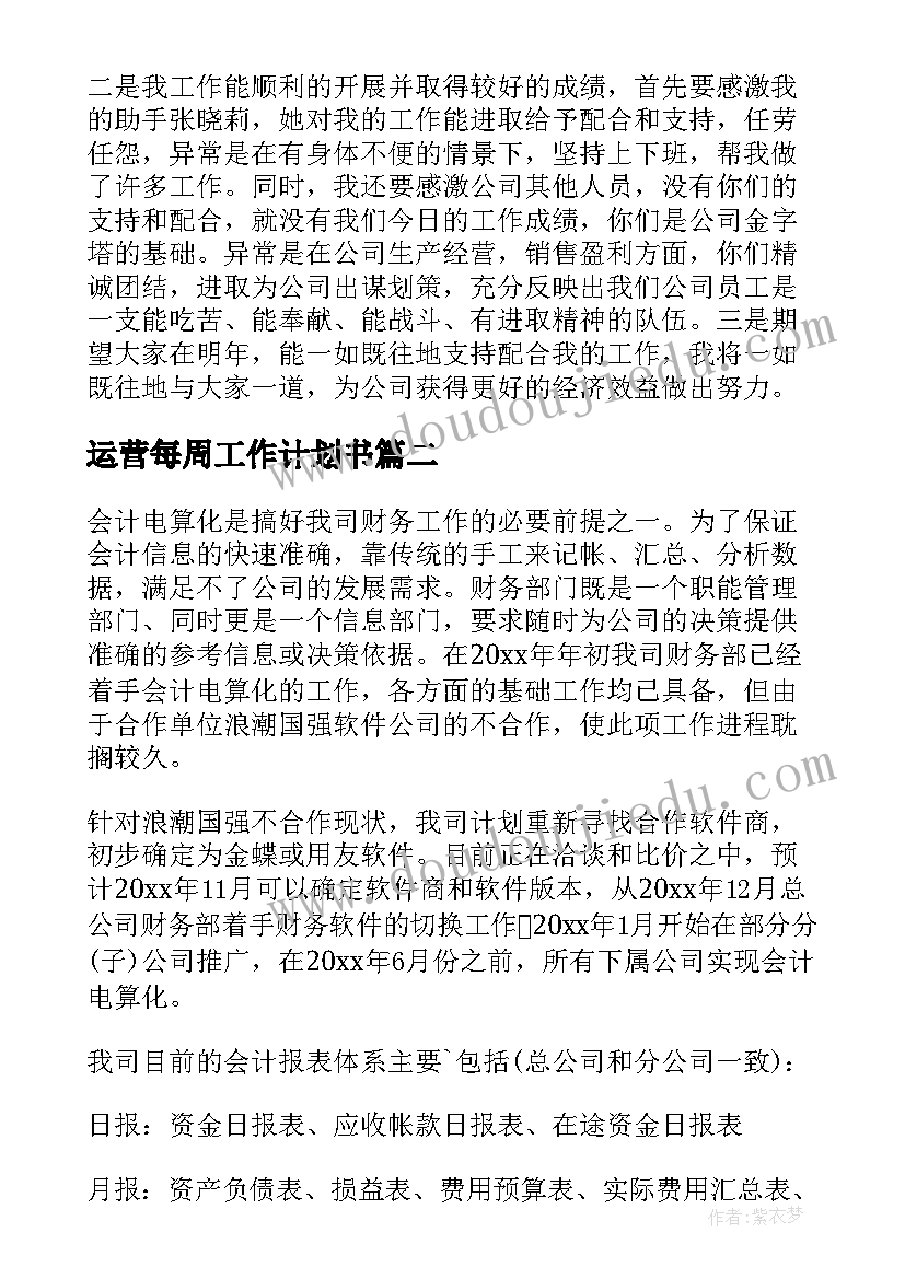 最新运营每周工作计划书(优秀5篇)