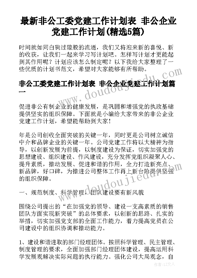 最新非公工委党建工作计划表 非公企业党建工作计划(精选5篇)