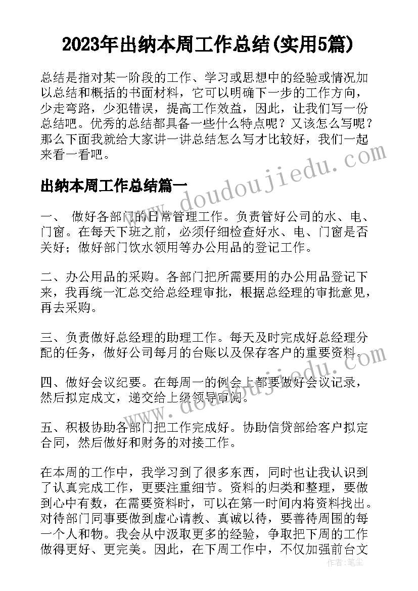 2023年出纳本周工作总结(实用5篇)