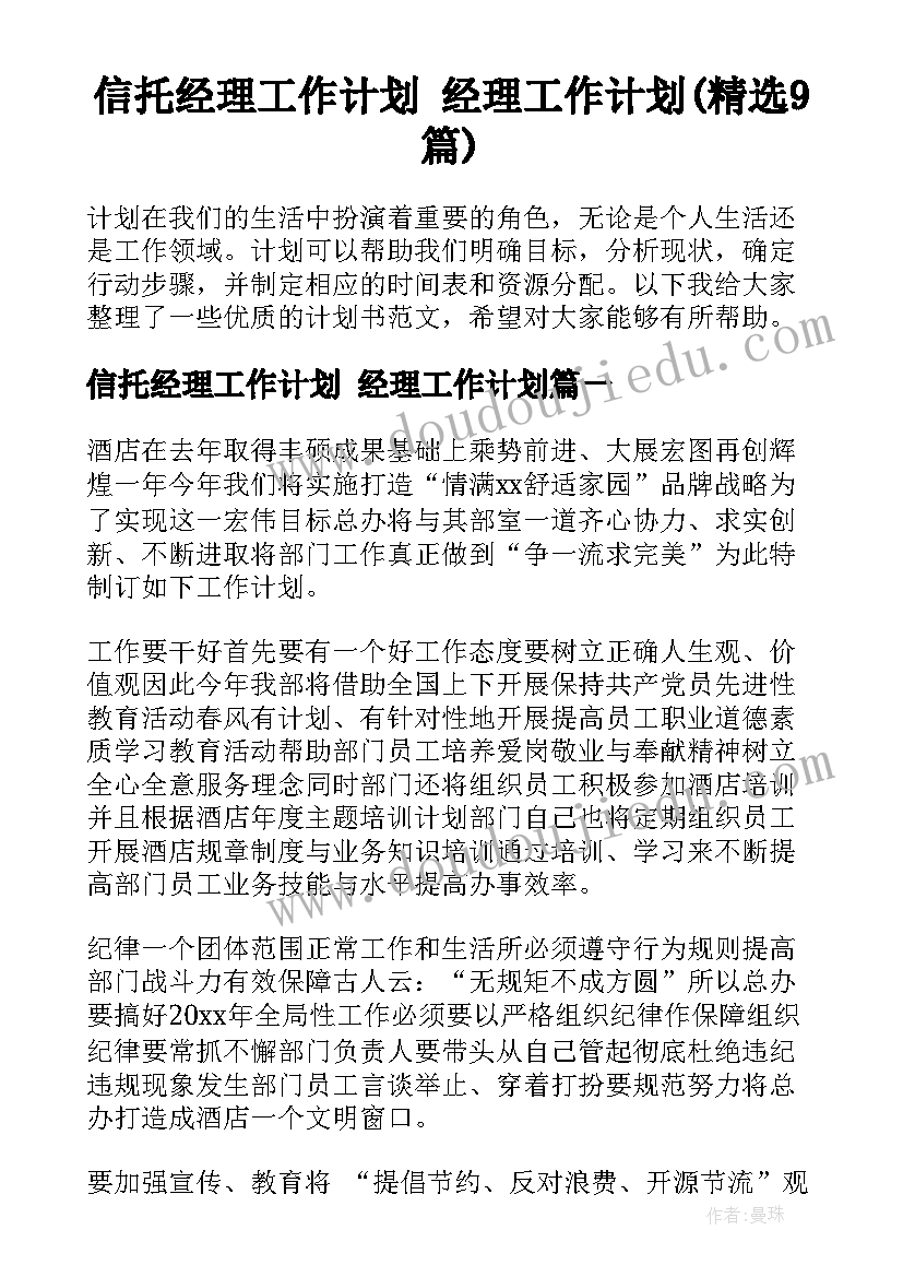 信托经理工作计划 经理工作计划(精选9篇)