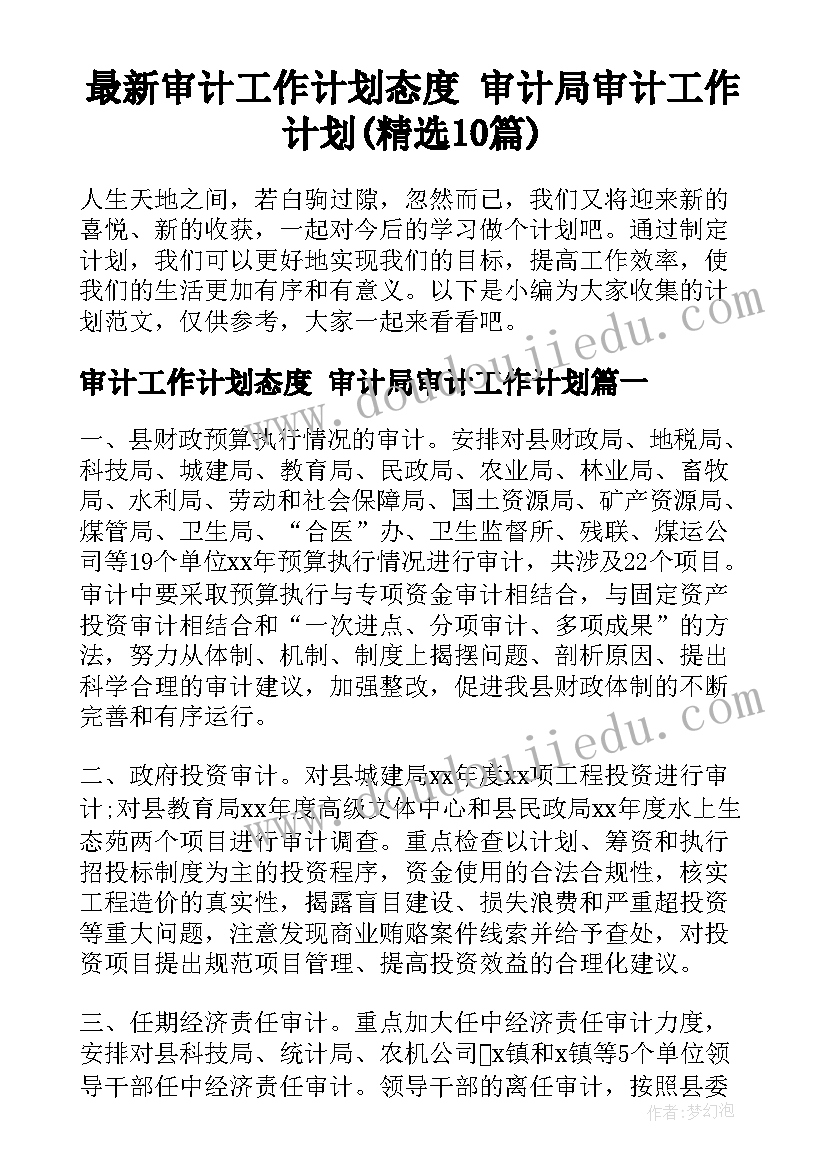 最新审计工作计划态度 审计局审计工作计划(精选10篇)