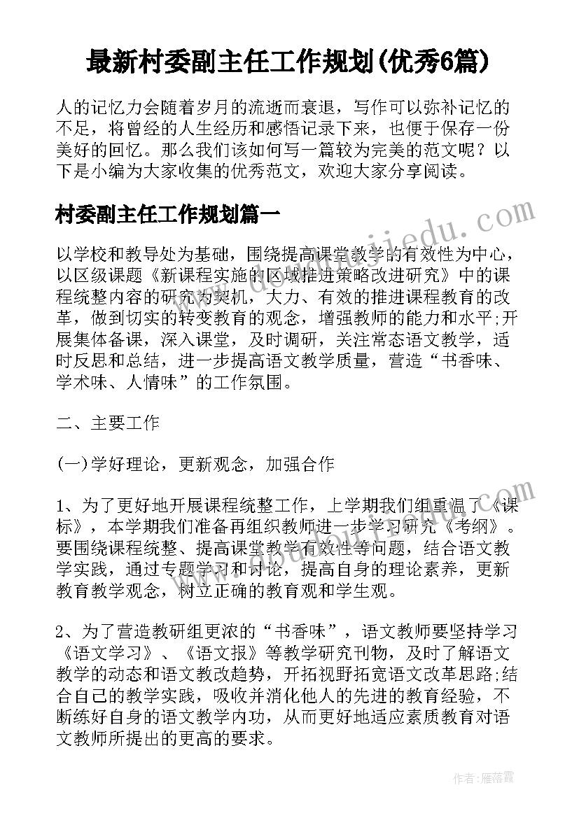 最新村委副主任工作规划(优秀6篇)