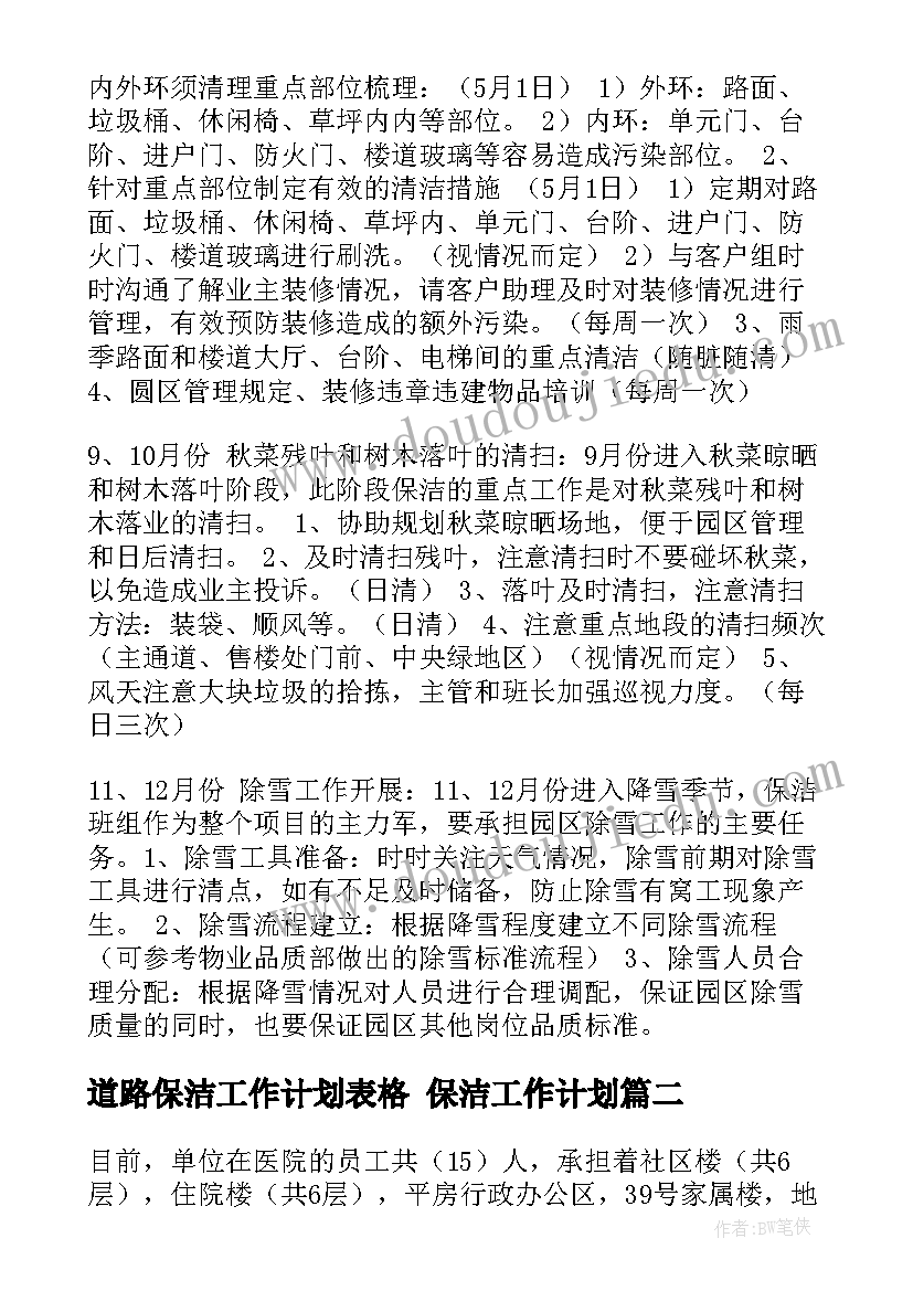 最新道路保洁工作计划表格 保洁工作计划(精选8篇)