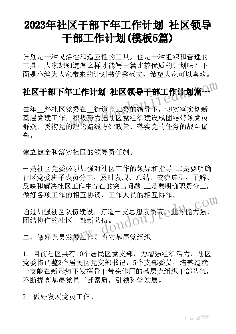 2023年社区干部下年工作计划 社区领导干部工作计划(模板5篇)