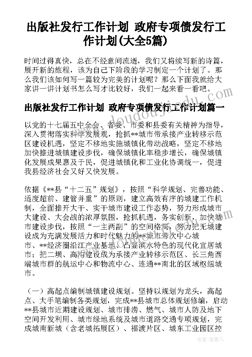 出版社发行工作计划 政府专项债发行工作计划(大全5篇)