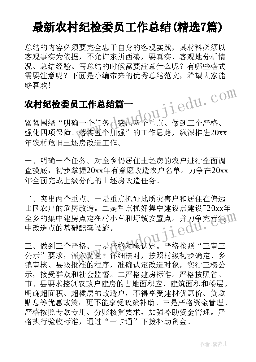 最新农村纪检委员工作总结(精选7篇)