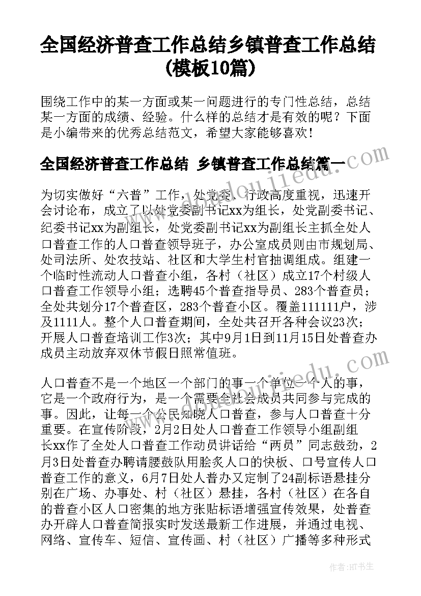 全国经济普查工作总结 乡镇普查工作总结(模板10篇)