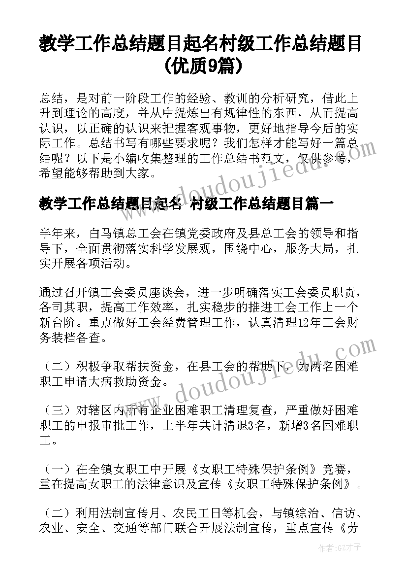 教学工作总结题目起名 村级工作总结题目(优质9篇)