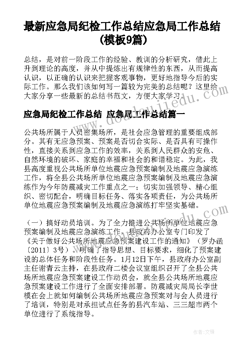 最新应急局纪检工作总结 应急局工作总结(模板9篇)