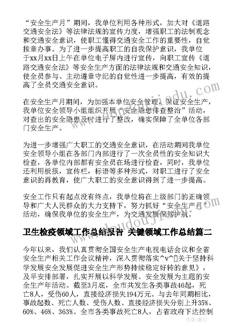 卫生检疫领域工作总结报告 关键领域工作总结(通用10篇)