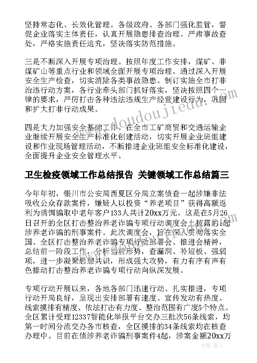 卫生检疫领域工作总结报告 关键领域工作总结(通用10篇)