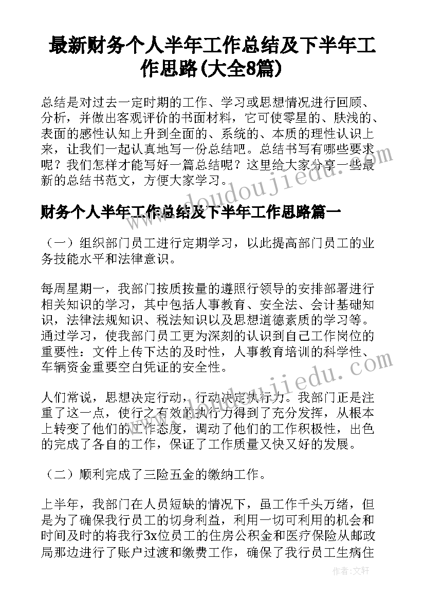 最新财务个人半年工作总结及下半年工作思路(大全8篇)