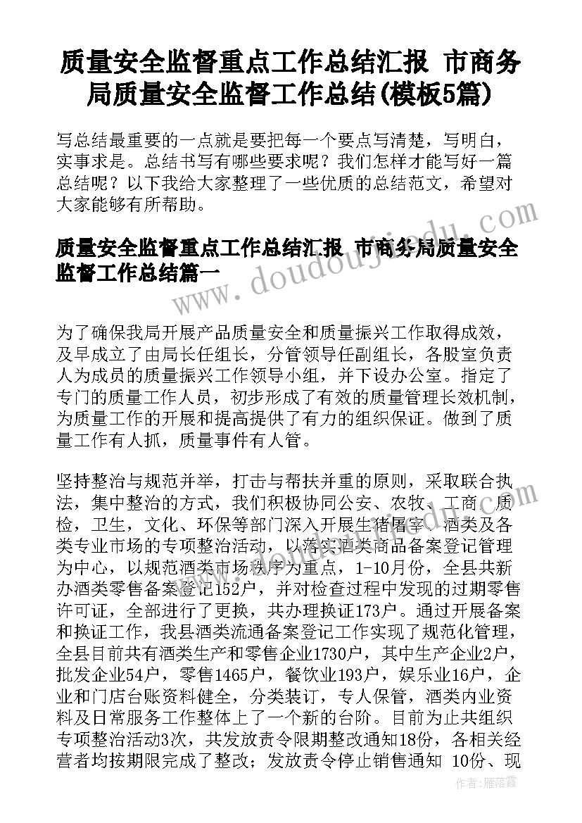 质量安全监督重点工作总结汇报 市商务局质量安全监督工作总结(模板5篇)