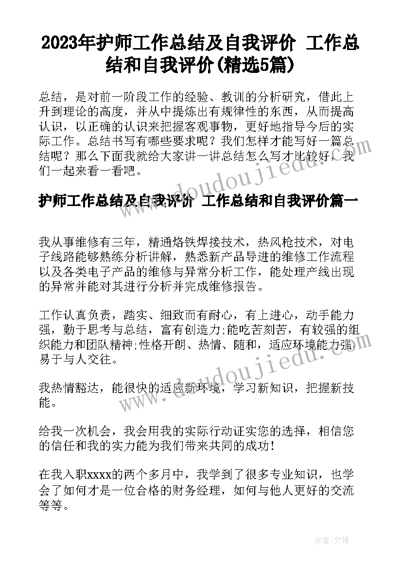 2023年护师工作总结及自我评价 工作总结和自我评价(精选5篇)